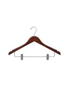 17" Walnut/Chrome Wood Combo Hanger with Clips & Notches