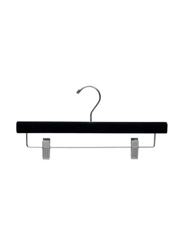 14" Black Flocked Wood Bottom Hanger with Clips