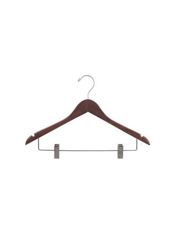 17" Rubber Coated Walnut Wood Combo Hanger with Clips & Notches
