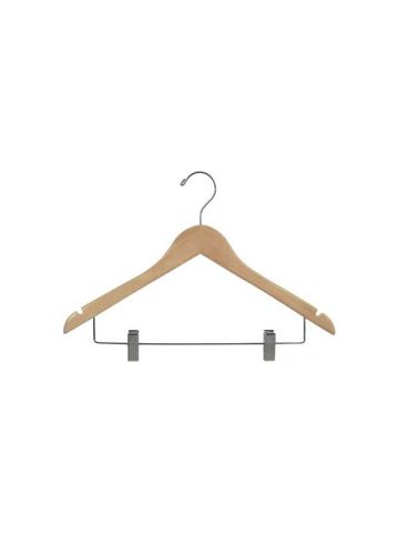 17" Rubber Coated Natural Wood Combo Hanger with Clips & Notches