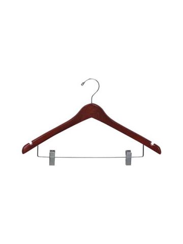 17" Walnut/Chrome Curved Suit Hanger with Clips & Notches
