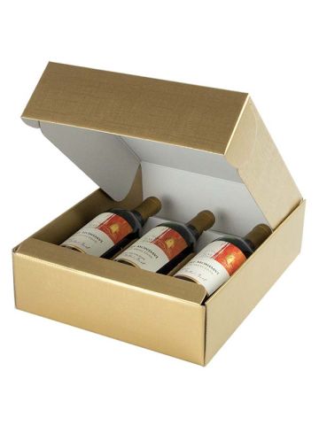 Italian Wine Packaging, 3 Bottle Box, "Oro" Matte Gold Linen