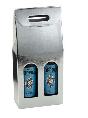 Italian Wine Packaging, 2 Bottle Carrier, "Argento" Metallic Silver Foil Linen