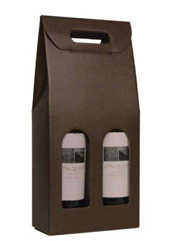 Italian Wine Packaging, 2 Bottle Carrier, "Pelle Marrone" Chocolate Pebble