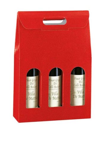 Italian Wine Packaging, 3 Bottle Carrier, "Pelle Rosso" Red