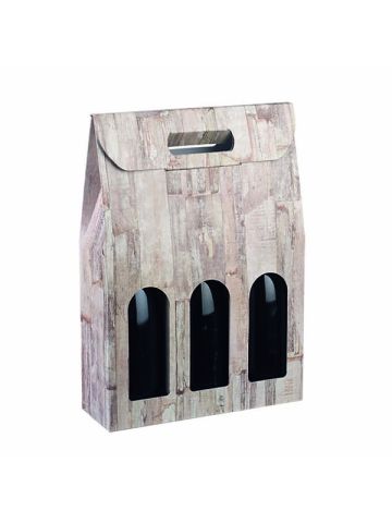 Italian Wine Packaging, 3 Bottle Carrier, "Barn Wood"
